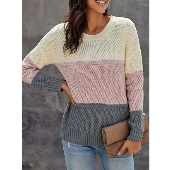 Color Block Long Sleeve Ribbed Knit Sweater - Picture 2 of 6